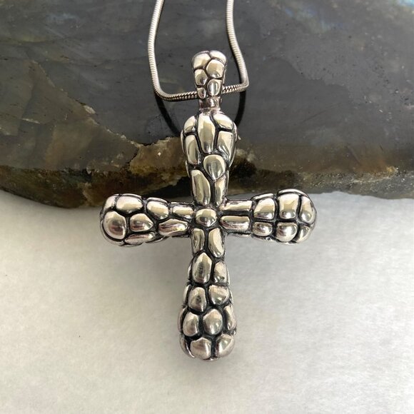 Sterling Silver 925 RB Chunky Pebbled Dot Pattern Cross Pendant Necklace 24" - Picture 4 of 16